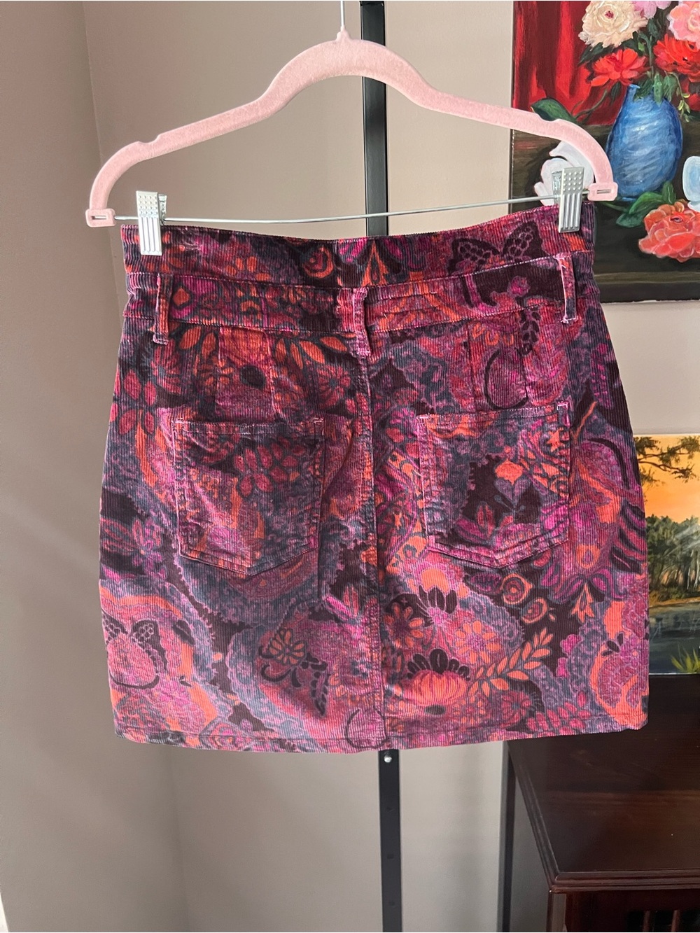 Anthropologie PILCRO Corduroy Button-Front A-Line Mini Skirt in Plum Floral - Picture 7 of 9
